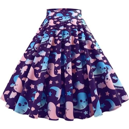 Autumn Halloween Style Women Midi Skirt 2020 New Cartoon Graffiti Retro Ghost Print All-match Folds Robe Xmas Party Chic Skirts