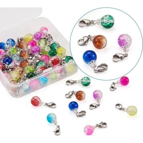 Pandahall 50pcs/box Mixed Color Baking Painted Crackle Glass Pendants 304 Stainless Steel Lobster Claw Clasps for Jewelry Making