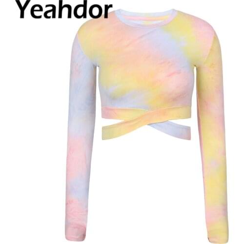 Women Gym Yoga Sport T-shirt Round Neck Long Sleeve with Finger Loop Tie Dye Print Cropped Top Tee Shirts Crop Tops Streetwear