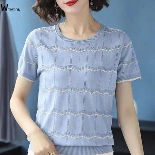 Korean Style Short Knitwear Tee Casual Screw Thread Patchwork O-Neck Tops Summer Stripe Knitted Short Sleeve T-shirt Women