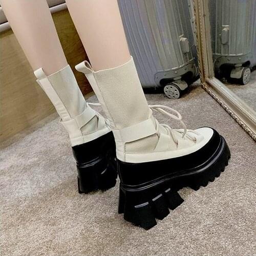Women Ankle Boots Thick Heels Platform Women Shoes 2021 Spring Fashion Autumn Female Beige Height Increasing Ladies Punk Booties
