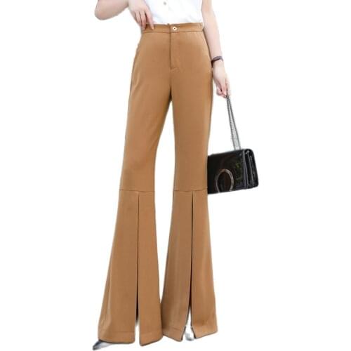2020 S to 5XL Autumn New High Waist Bell-bottom Pants Women Front Slit Camel Black Plus Size Mopping Spring Flares Trousers