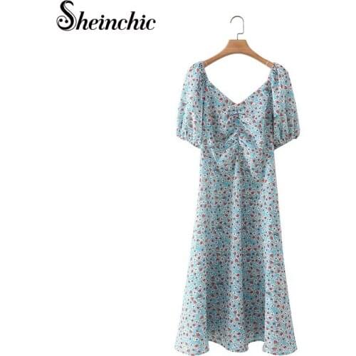 Korean Fashion Midi Floral Printed Dresses for Women 2021 Summer Casual Elegant Short Sleeve Mid-calf Dress Chiffon Vestido