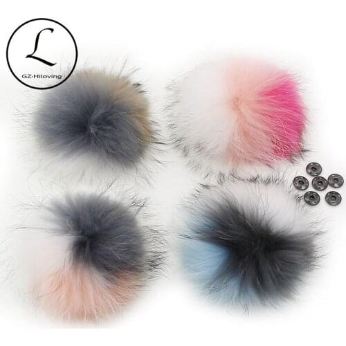 5pcs Lot 15-16cm Big DIY Raccoon Fur Multi Pompom Fur Ball For Knitted Hat Cap Beanies Scarves Real Fur Pom Pom With Button Snap