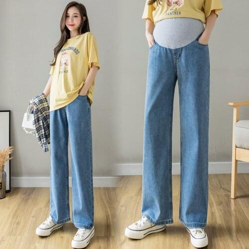 8938# Autumn Thin Denim Maternity Full Long Jeans Wide Leg Loose Elastic Waist Belly Pants Clothes for Pregnant Women Pregnancy