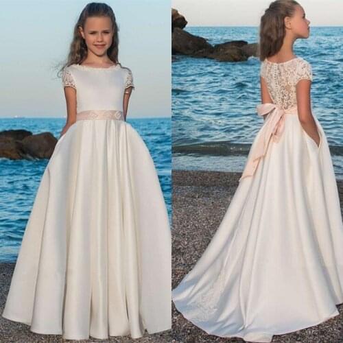 White Satin Flower Girl Dresses A-Line Floor-Length Short sleeve Girls Pageant Dresses First Communion Dresses For Girls
