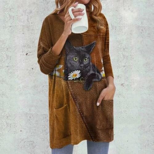 40# 40# Vintage Pocket Blouses Women Casual Cat Print Long Sleeve Round Neck Tee Shirt Oversized Blouse Kpop Top Блузка Женская