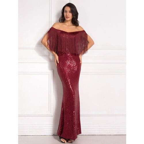 Burgundy Tassel Slash Neck Patchwork Sequind Maxi Dress Off The Shoulder Autumn Night Party Dress