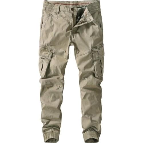 Spring Autumn Cargo Pants Mens Casual Solid Color Mid-waist Full Length Trousers Pure Cotton Breathable Multi-pockets Overalls