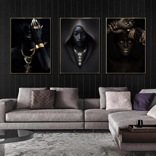 Black Women Golden Jewelry Oil Painting on Canvas Wall Art Posters Prints Wall Picture for Living Room Home Wall Cuadros Decor