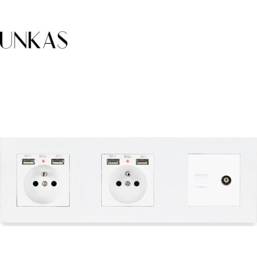 UNKAS PC Plastic Double French Standard Socket with 4 USB Charging Port + RJ11 Telephone Connector + TV Connector
