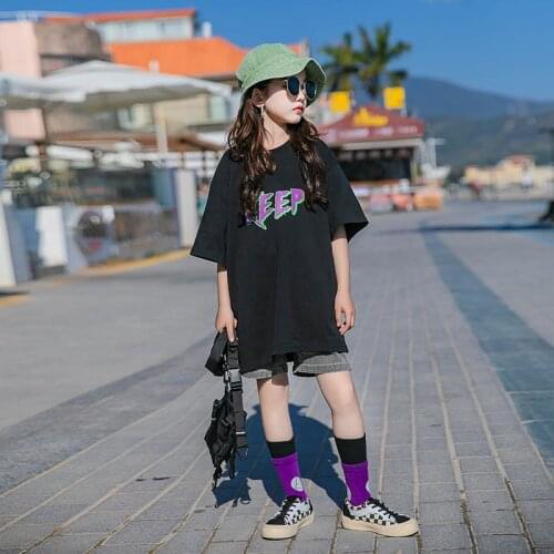 10 12 years Kids Girls Letter Print Black Color Cotton Long Tops 2021 Summer Teen Girls Tee shirt Outfit