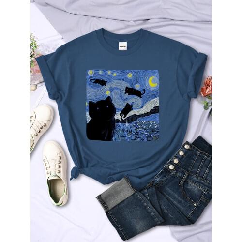 Oil Painting Black Cat Starry Night T Shirt Women Brand O-Neck Clothes Hip Hop Oversize Tshirt Harajuku Summer T-Shirt Womens