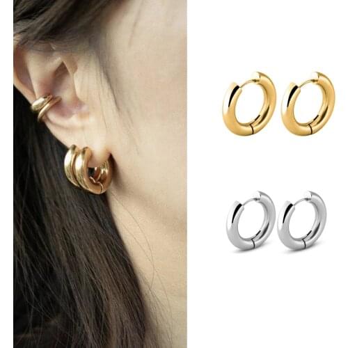 Classic Minimalist Stainless Steel Chunky Hoop Earrings for Women Gold&Silver Color Huggie Circle Ear Rings Jewelry Accessories
