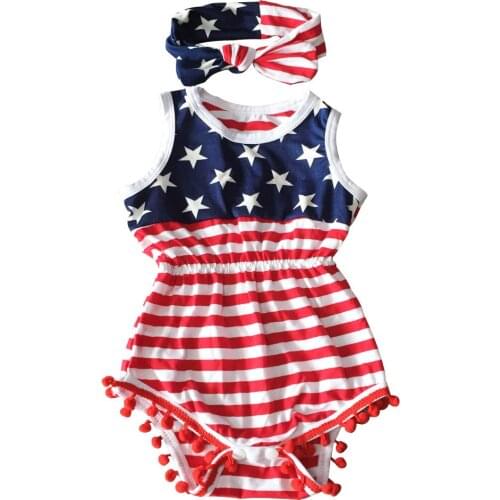 Summer Baby Girl Clothes Cotton Baby Bodysuit American Flag Pattern Tassel Balls with Headband For Newborns Baby Body