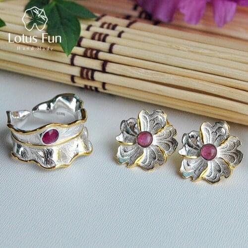 Lotus Fun Real 925 Sterling Silver Natural Tourmaline Handmade Designer Fine Jewelry Peony Flower Jewelry Set for Women