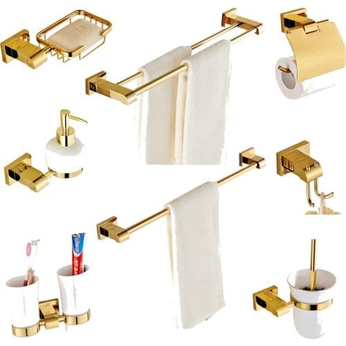 Leyden Glold Brass Bathroom Hardware Set Wall Mounted Toothbrush Holder Toilet Paper Holder Towel Bar Bathroom Accessories Sets