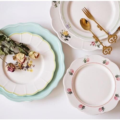 Dinner Plates Set Flower Edge Retro Ceramic Dishes Pasta Steak Food Fruit Dessert Dish Tableware Home Kitchen Dinnerware Gifts