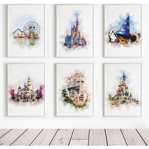 Watercolor Wall Art Canvas Painting Kids Bedroom Decor Disney Princess Dream Castle Anime Nordic Poster and Print Anime Pictures