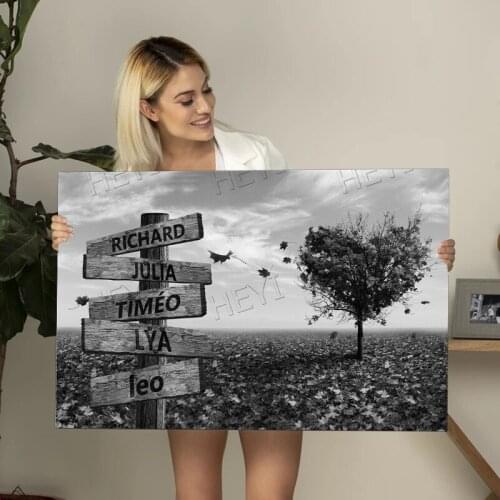 Custom Wall Art Custom Name Canvas Painting Black and White Heart Tree Road Sign Posters and Prints Family Gifts for Anniversary