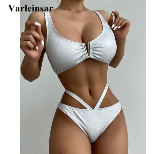New Glitter Sparkling Silver V Shaped Bikini Women Swimwear Female Swimsuit Two-pieces Bikini set Bather Bathing Suit Swim V3104