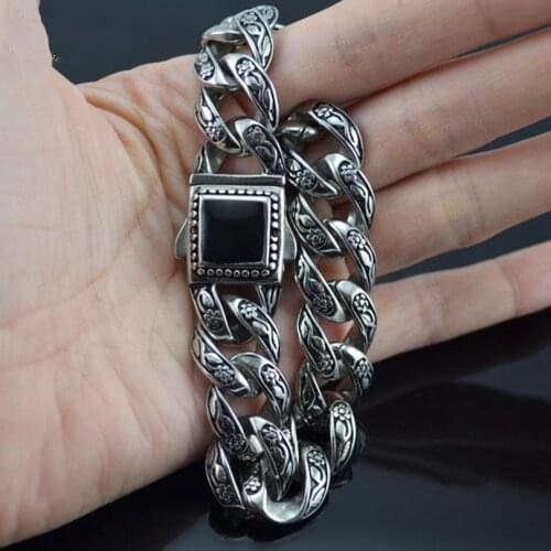 New Arrive Fashion Mens Vintage Silver Stainless Steel Casting Black Oil Bracelet 13mm8.66"