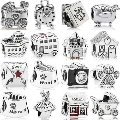 NEW 100% Real 925 Sterling Silver Alarm Clock Footprint Charms Beads Clear CZ Fit Brand Bracelet Fashion Original Jewelry Gift