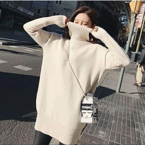Autumn Winter Womens Loose Turtle Neck Drop Shoulder Long Sleeves Knitted Bottomed Sweater Pullover