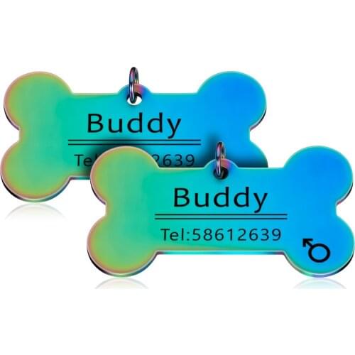 Personalized Pet ID Tags Engraved Pet ID Name Number for Cat Puppy Dog Collar Tag Pendant Keyring Rainbow Bone Pet Accessories