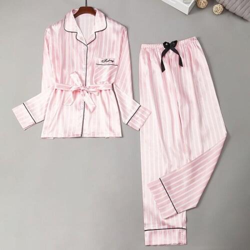 Striped Pajamas for Women Satin Silk Sleepwear Nightwear 2 Pieces Set Summer Autumn Loungewear Homewear