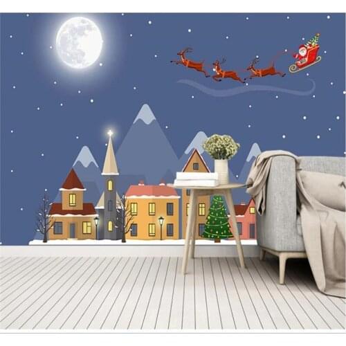 Custom 3d wallpaper fashion cartoon house night sky Santa Claus background wall decoration silk waterproof material
