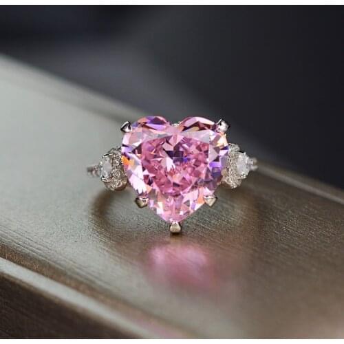 Romantic 11ct 12*12MM Heart Pink Quartz Wedding Engagement Rings for Women Solid 925 Sterling Silver Fine Jewelry Gemstone Ring