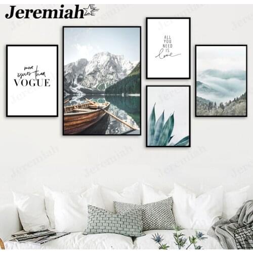 Nordic Natural Landscape Canvas Poster Sea Mountain Forest Ferry Letter Painting Wall Art Modern Home Living Room Decoration