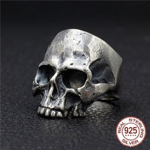 Soild 925 Sterling Silver biker Rocker Skull Thai Silver Skeleton Goth punk Men Ring Jewelry 2020 New Free Shipping