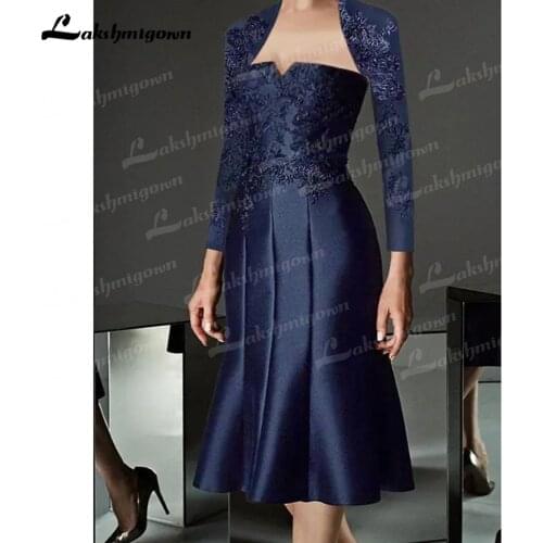 Navy Blue Mother Of The Bride Dresses With Jacket Shealth Strapless Satin Appliques Short Evening Dresses Mother Groom Plus Size