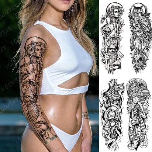 Waterproof Temporary Big Arm Sleeve Tattoo Sticker Greek Goddess Medusa Poseidon Owl Flash Tattoos Woman Body Art Fake Tatto Men