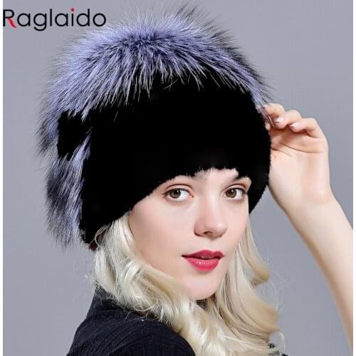 Ladies Winter Hats Fur Womens Natural Mink Fur Hat Bowknot Fox Fur Pompom Knitted Warm Fashionable Skullies Beanie Hat