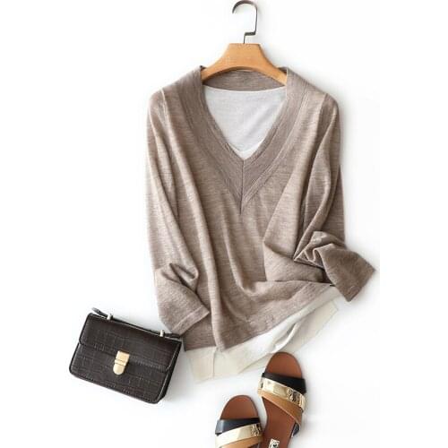 2020 autumn new style 100% cashmere v neck sweater women patchwork fashion long sleeve pullovers