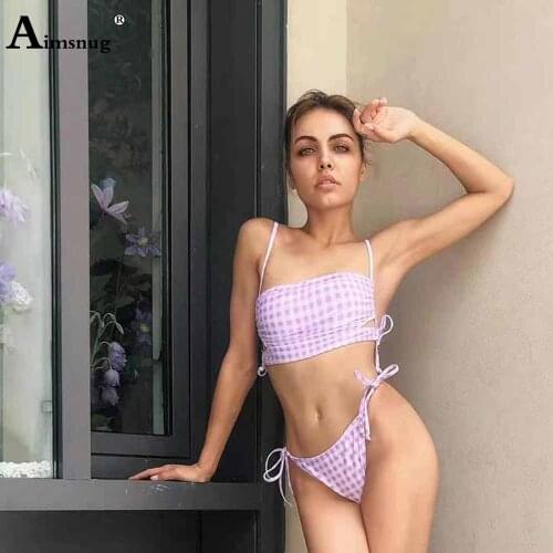Women Bikini Sets Fashion Plaid Crop Top Thong Swimsuits Sexy Bandage Two Pieces Swimwear Western Style 2021 Bathing Suits