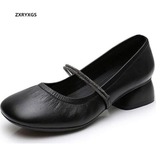 ZXRYXGS 2021 Autumn High Quality Soft Cowhide Rhinestone New Single Shoes Womens Shallow Mouth Square Toe Thick Heels Big Size