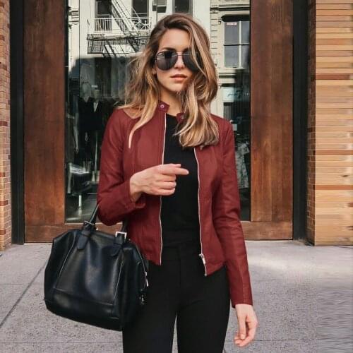 2021 Autumn Winter Leather Jackets Women Tights Solid Color Zipper Waterproof High Waist Coats Long Sleeve Thick Jacket