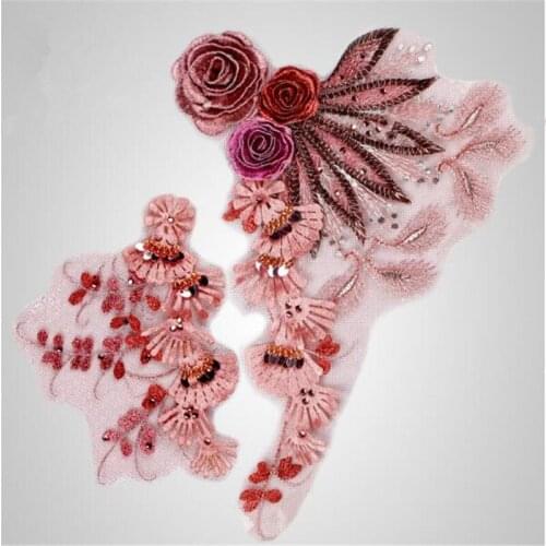 3Pairs 3Colors Fashion Polyester embroidery Beaded Sequins patch flowers wedding motifs flower lace applique 29X21cm LA288
