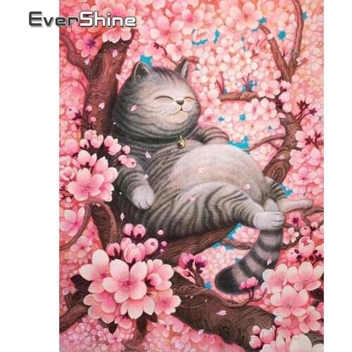 EverShine Full Square Diamond Embroidery Animal Diamond Painting Cat Rhinestones Mosaic Cherry Blossoms Handmade Hobby