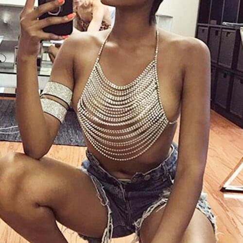 Women Sexy Rhinestone Inlaid Multi Layer Bra Crop Top Body Chest Chain Tops Nightclub Metal Chain Top