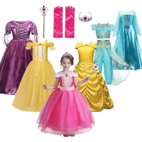Halloween Costume For Girls Children Clothing Princess Dress Girl Birthday Cosplay Belle Dress Send Crown New Year 5-10Years