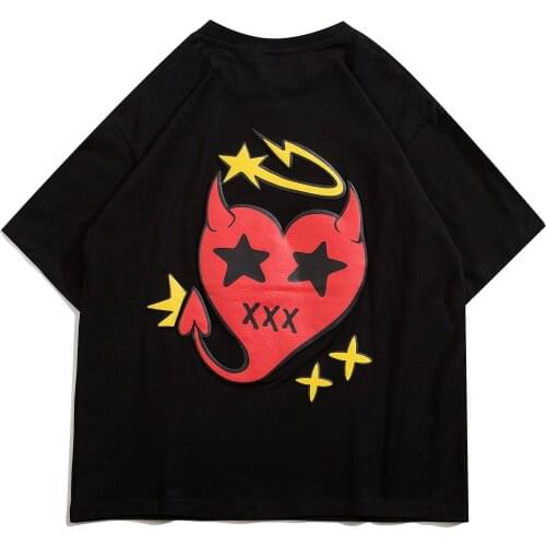 T-Shirt Men Hip Hop Harajuku Streetwear Devil Heart Print Short Sleeve Tees Shirt Cotton Casual Loose Fashion Tops Male