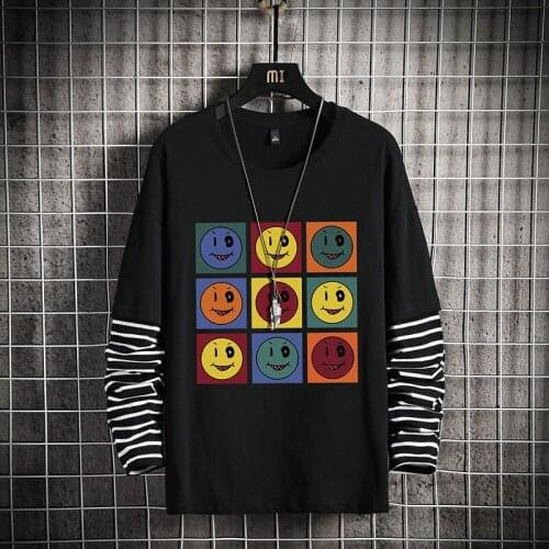 GlacialWhale Mens Crewneck Sweatshirt Men 2021 Fake 2 Pieces Patchwork Striped Japanese Streetwear Hip Hop Black Hoodies Men