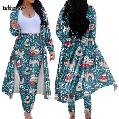 Jackherelook Women Long Sleeve Cardigan High Waist Skinny Pants Set Cute Sloth Pattern Comfortable Outfit Jacket Coat Outwear