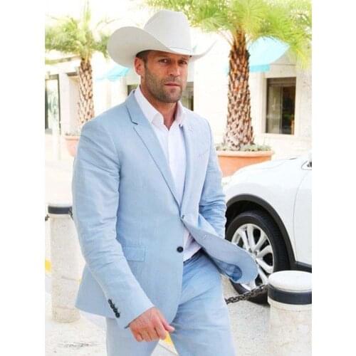 ANNIEBRITNEY 2020 Summer Light Blue 2 Piece Casual Suit Men Regular Fit Summer Suit With Pants Custom Blue Groom Wedding Suit