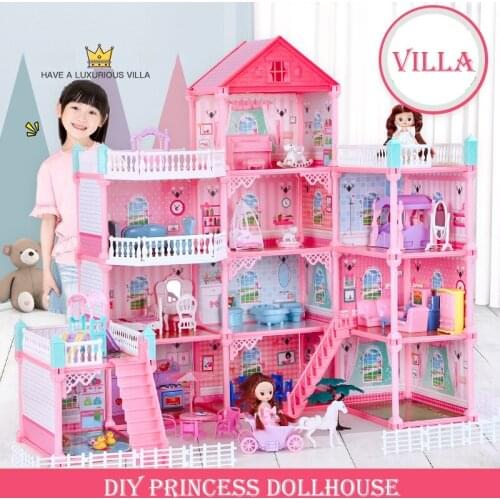Princess Villa Diy Doll House Pink Castle Game Room With Doll Kit Assembly Doll House Girl Toy Birthday Gift Family toys